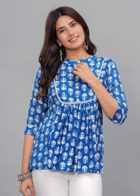 r r brothers Casual Floral Print Women Blue Top