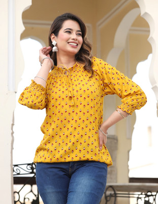 Pittra4ever Casual Printed Women Yellow Top