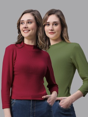 FBAR Casual Self Design Women Maroon, Green Top