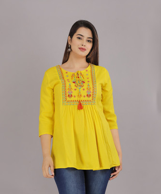 TakTke Casual Embroidered Women Yellow Top