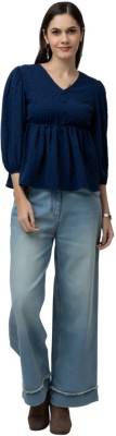 7onz Casual Solid Women Blue Top