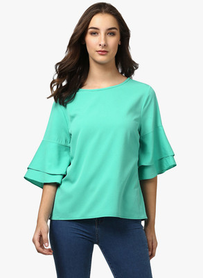 HARPA Casual Layered Sleeve Solid Women Light Green Top