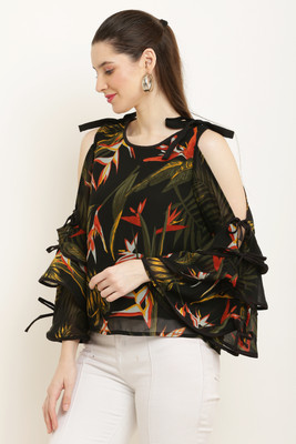 Neoen Casual Floral Print Women Black Top