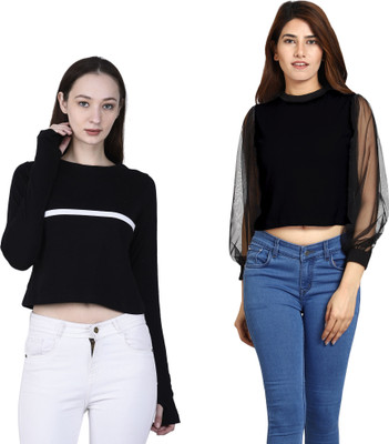 ROARERS Casual Solid, Color Block Women Black Top