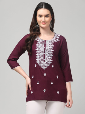 STYLE PREZONE Casual Embroidered Women Maroon Top