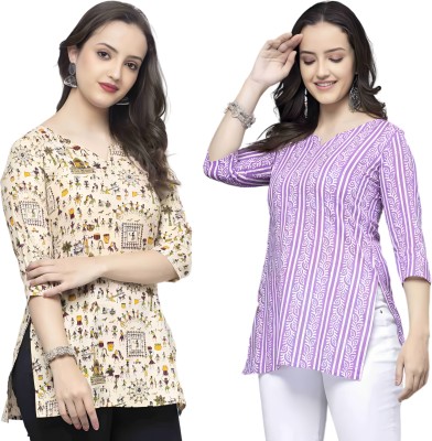 DMT Ethnic Casual Printed Women Purple, Beige Top