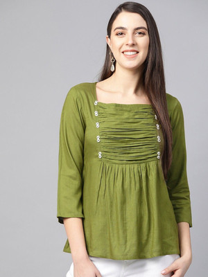 Yash Gallery Casual 3/4 Sleeve Solid Women Green Top