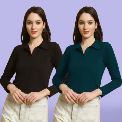 METRONAUT Casual Solid Women Dark Green, Black Top