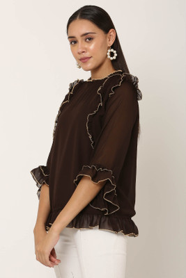 FAZONIX Casual Solid Women Brown Top