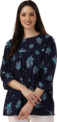 KALLAXI Casual Self Design Women Dark Blue Top