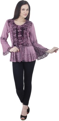 auglle Casual Embroidered Women Purple Top