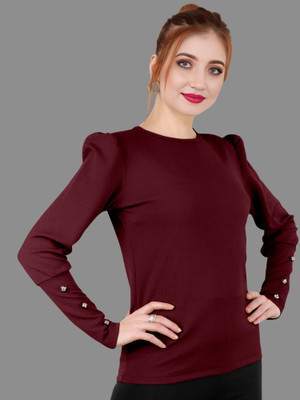 A To Z Cart Casual Solid Women Maroon Top
