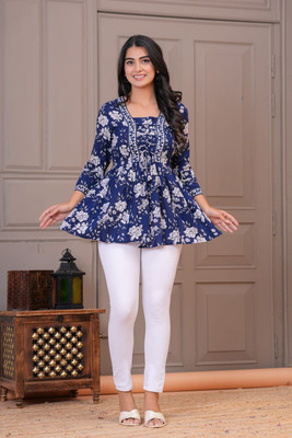 GXS Casual Floral Print Women Blue Top