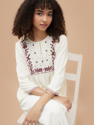 Fame Forever by Lifestyle Casual Embroidered Women Beige Top