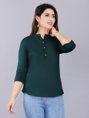 Brijam Casual Solid Women Dark Green Top
