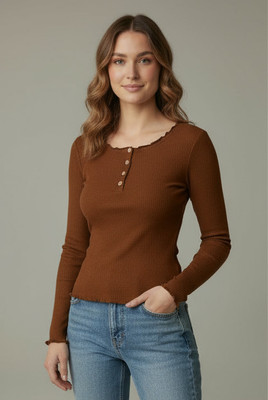 ELIstyles Casual Self Design Women Brown Top