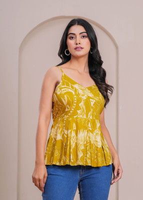 AKSHUNA Casual Printed Women Yellow Top
