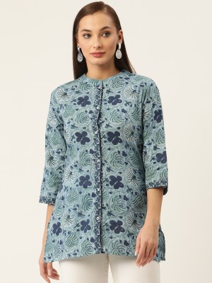 FABRIC FITOOR Casual Floral Print Women Blue Top