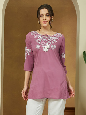 Janasya Casual Embroidered Women Purple Top