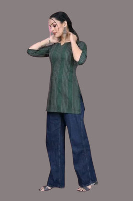 THEICON Women Striped A-line Kurta(Green)