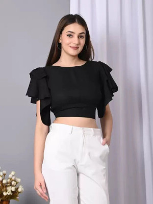 VYMO Casual Solid Women Black Top