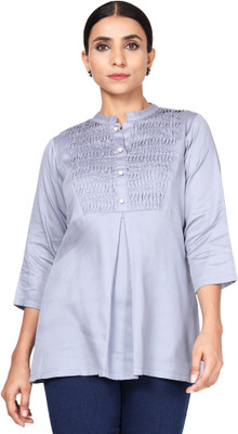 HouseOfCommon Casual Solid, Self Design Women Grey Top