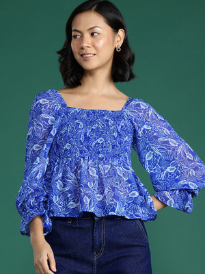 Dressberry Party Floral Print Women Blue Top