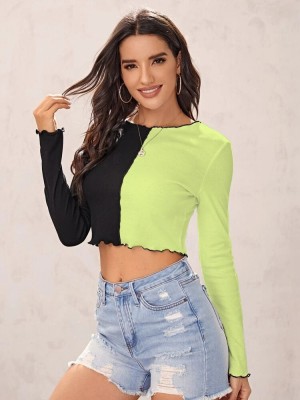 SIGHTBOMB Casual Solid, Self Design Women Green, Black Top