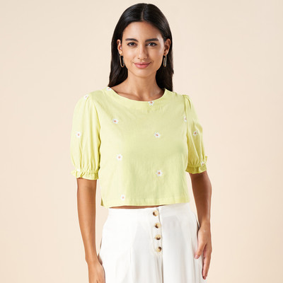 Akkriti by Pantaloons Casual Embroidered Women Yellow, White Top