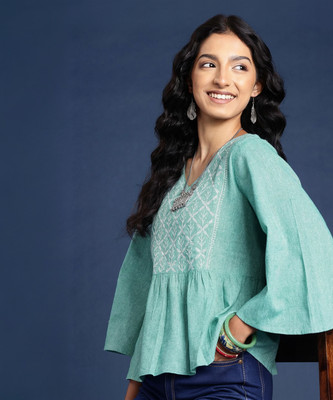 Taavi Casual Embroidered Women Blue Top