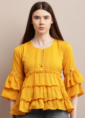 I.K.FASHION Casual Embossed Women Yellow Top