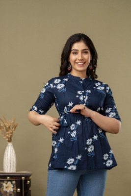 GULJIFASHION Casual Printed Women Dark Blue Top