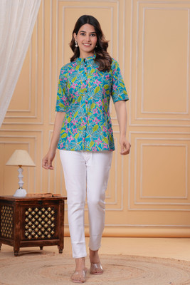 Threadflix Casual Floral Print Women Light Blue Top