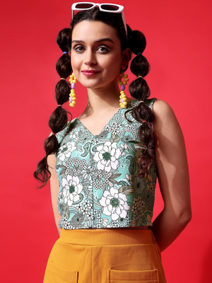 PURVAJA Party Floral Print Women Green Top