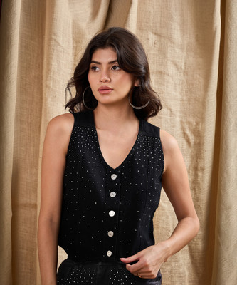 SASSAFRAS Casual Polka Print Women Black Top