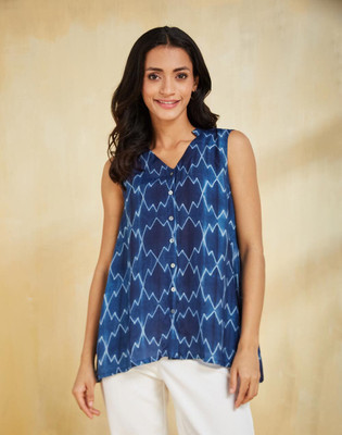 Fabindia Casual Printed Women Dark Blue Top