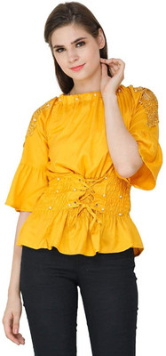 oriexfabb Casual Self Design Women Yellow Top