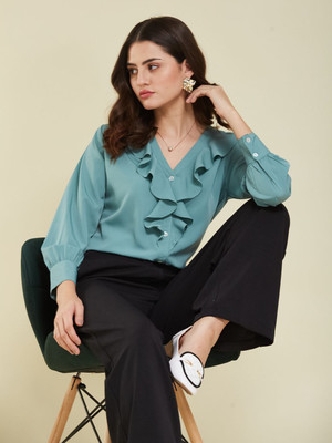 J TURRITOPSIS Casual Solid Women Green Top
