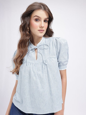 Glitchez Casual Striped Women White, Blue Top