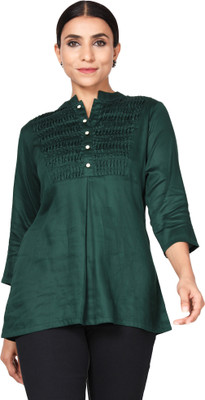 HouseOfCommon Casual Solid, Self Design Women Dark Green Top