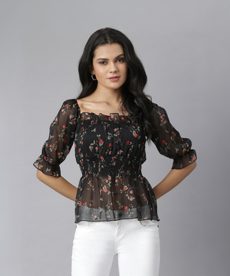 KASSUALLY Casual Floral Print Women Black Top