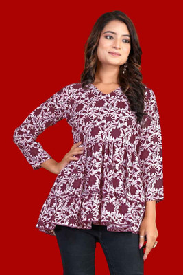 MANIJAYFAB Party Printed Women Maroon Top