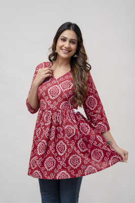 HouseOfCommon Women Floral Print Flared Kurta(Red)