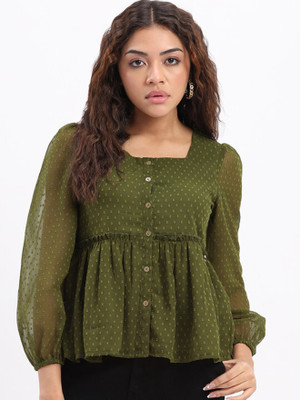SZN Casual Self Design Women Green Top