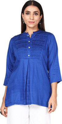 HouseOfCommon Casual Solid, Self Design Women Blue Top
