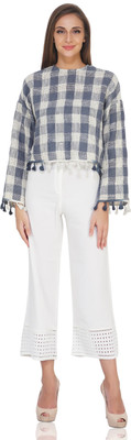 Boho Girl Casual Checkered Women White, Blue Top