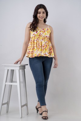 batterfly Casual Floral Print Women Yellow Top