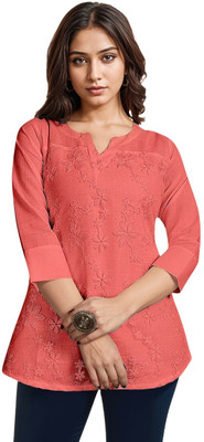 ITS YOU CREATION Casual Embroidered, Floral Print Women Orange Top