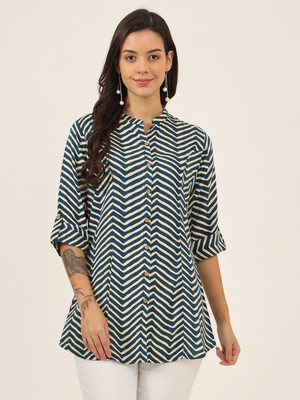 DIVENA Women Striped A-line Kurta(Blue, Beige)