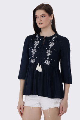 BIRDIEfashion Casual Embroidered Women Dark Blue Top